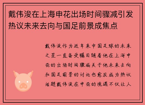 戴伟浚在上海申花出场时间骤减引发热议未来去向与国足前景成焦点